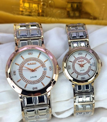 Pack of 2 Couple Watches - A+ Two Tone Rado Jubile Couple Watch Just Date  With Steel Chain - Open Market Pakistan