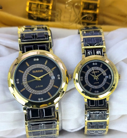 Pack of 2 Couple Watches - A+ Two Tone Rado Jubile Couple Watch Just Date  With Steel Chain - Open Market Pakistan