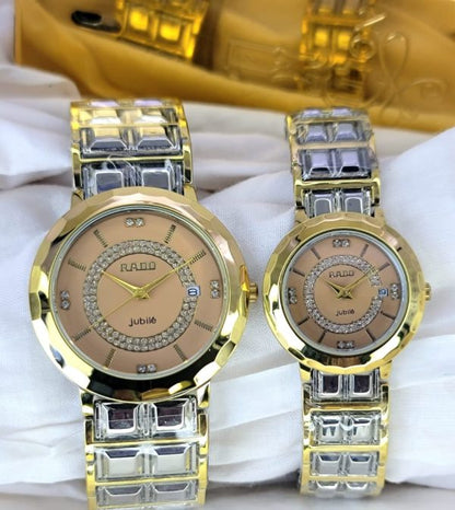 Pack of 2 Couple Watches - A+ Two Tone Rado Jubile Couple Watch Just Date  With Steel Chain - Open Market Pakistan