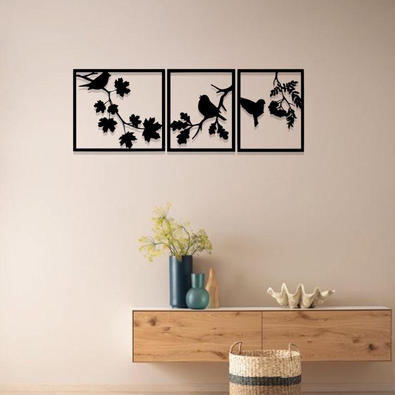 Trio of Sparrows Perched on Branch Acrylic Wall Frame Laser Cutting with 3 panels. - Open Market Pakistan