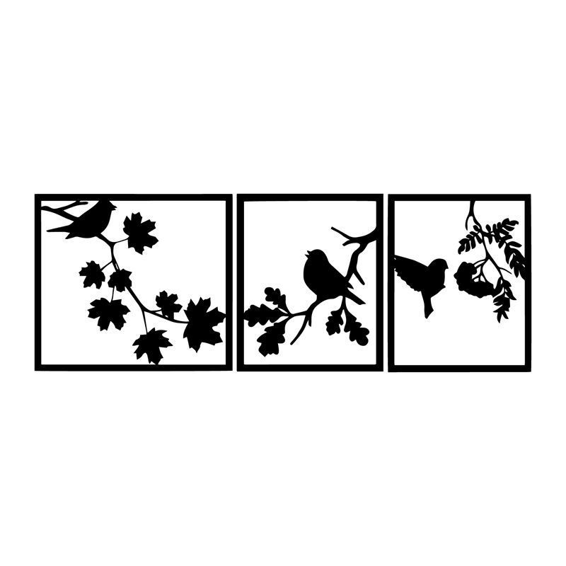 Trio of Sparrows Perched on Branch Acrylic Wall Frame Laser Cutting with 3 panels. - Open Market Pakistan